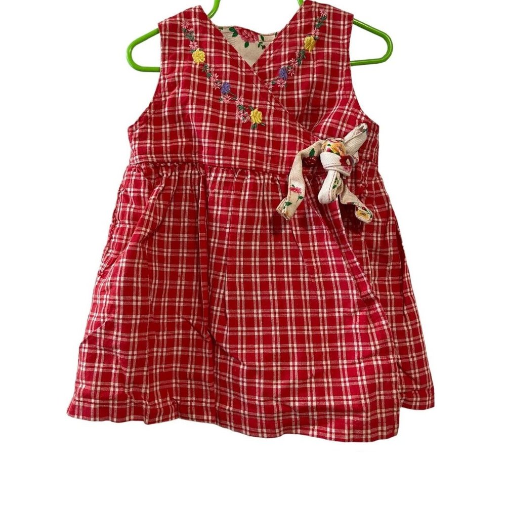 Vintage Embroidery Baby Girl Izod Wrap Plaid Dress Size 24M Red 100% Cotton Pock